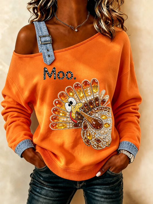 Women's Thanksgiving Turkey Moo Casual Off-Shoulder Sweatshirt