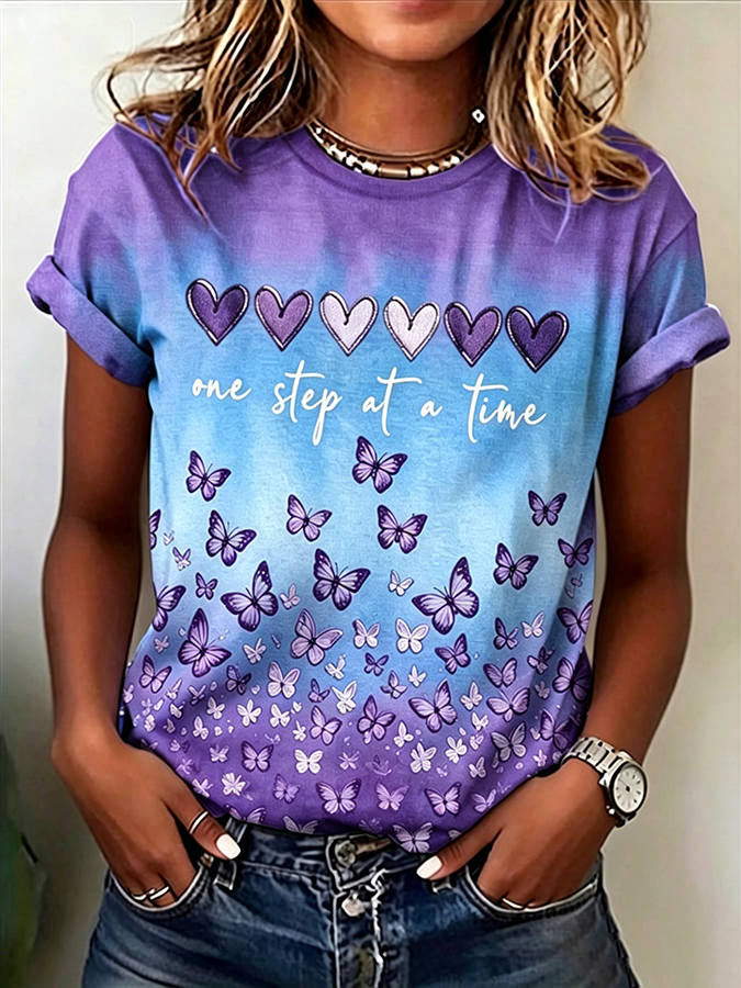 Women'S Casual Purple Butterfly Art T-Shirt