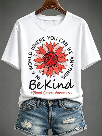 Women'S Blood Cancer Red Ribbon Health Awareness Round Neck T-Shirt