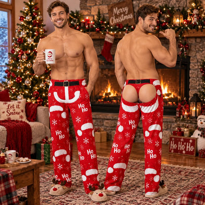 Men's Funny Santa Hat Christmas Print Drawstring Thermal Wide Leg Long Pants