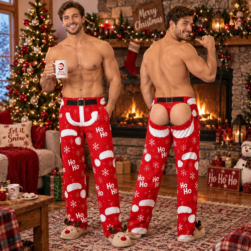 Men's Funny Santa Hat Christmas Print Drawstring Thermal Wide Leg Long Pants
