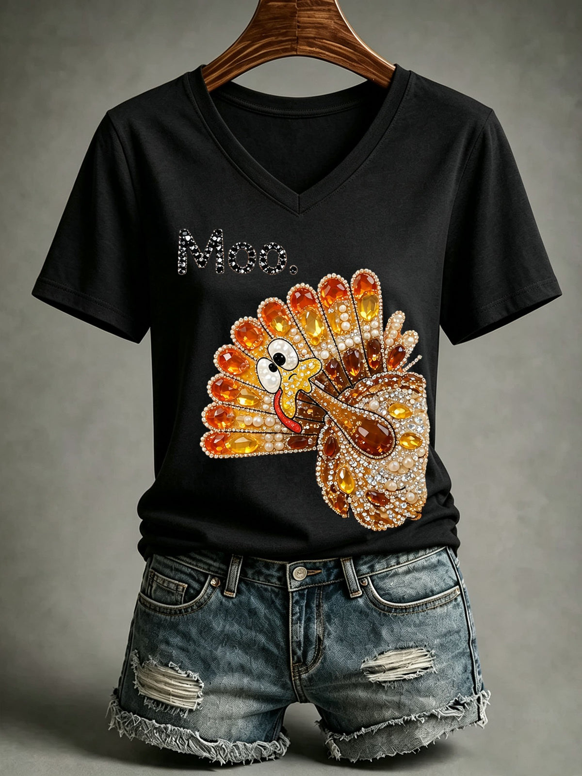 Women's Retro Thanksgiving Turkey Moo! Print T-Shirt
