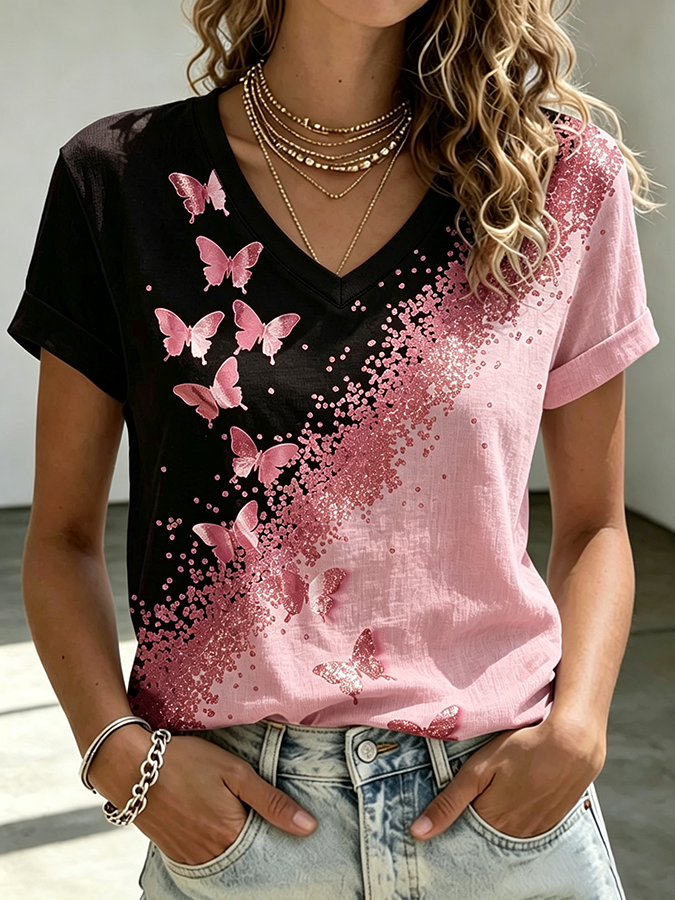 Pink Butterfly V-Neck T-Shirt