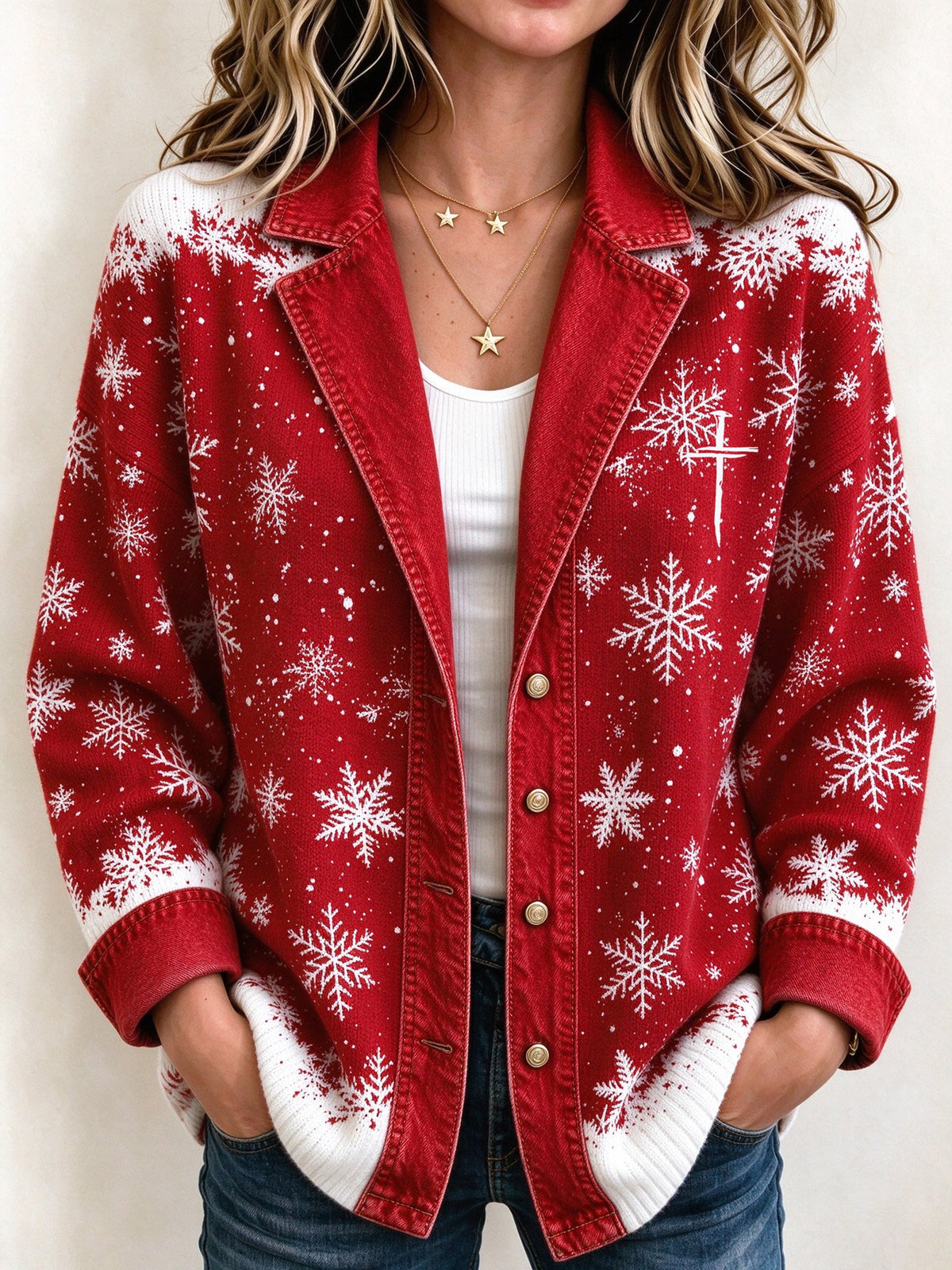 Women's Casual Cardigan with Faux-Denim Print – Christmas Style