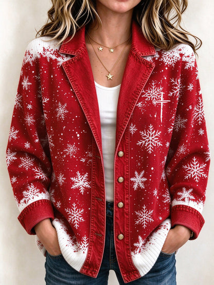 Women's Casual Cardigan with Faux-Denim Print – Christmas Style