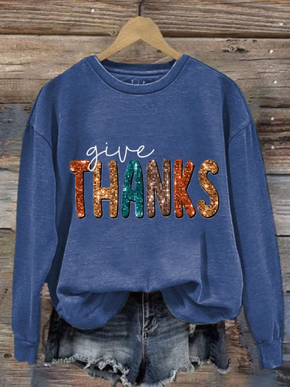 Women'S Casual Give Thanks Printed Long Sleeve Sweatshirt