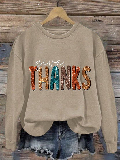 Women'S Casual Give Thanks Printed Long Sleeve Sweatshirt