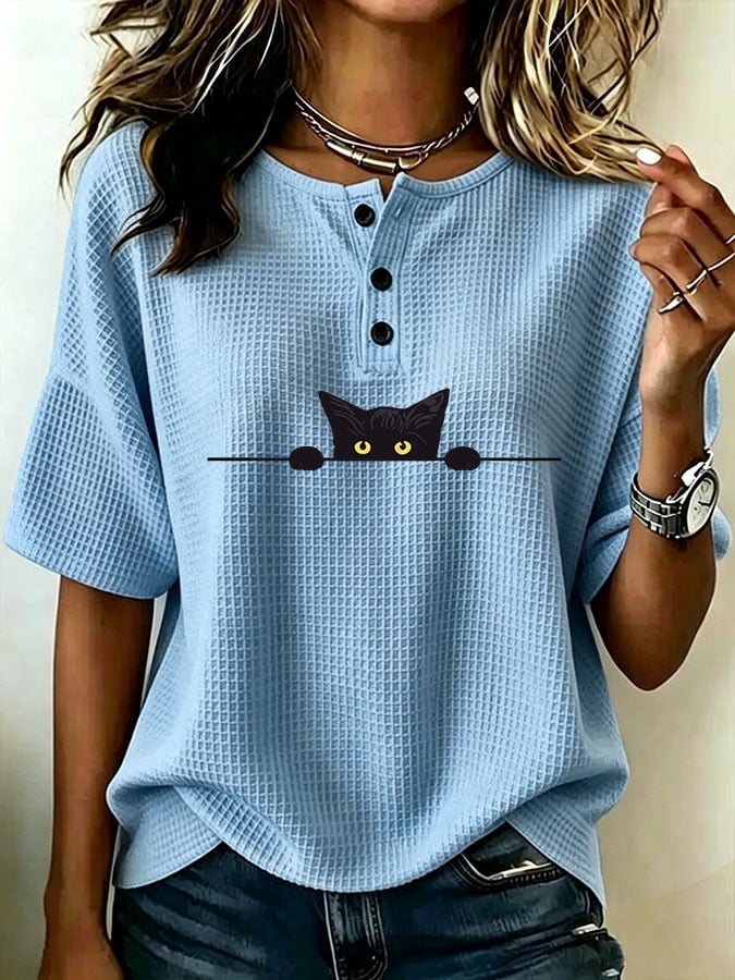 Women's Casual Waffle Print Loose Top