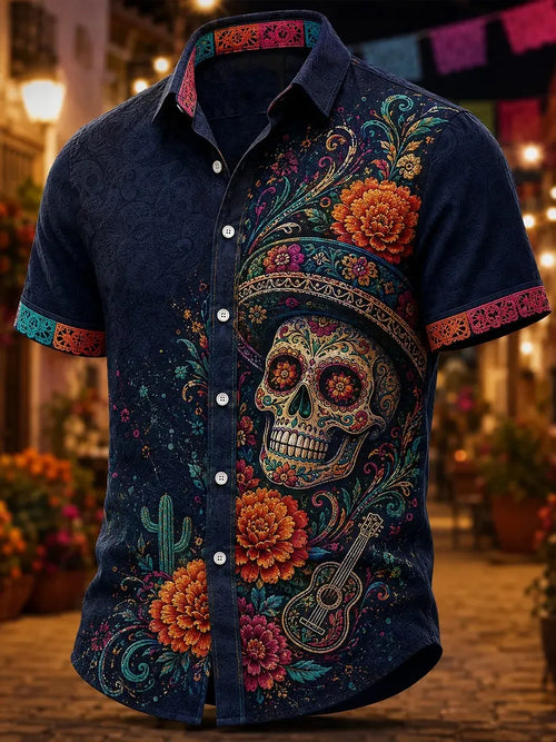 Men's Day Of The Dead Sombrero Sugar‐Skull Guitar Cactus Vibrant Marigold Swirl Floral Print Short Sleeve Buttons Shirt