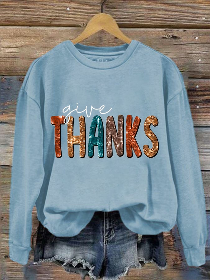 Women'S Casual Give Thanks Printed Long Sleeve Sweatshirt
