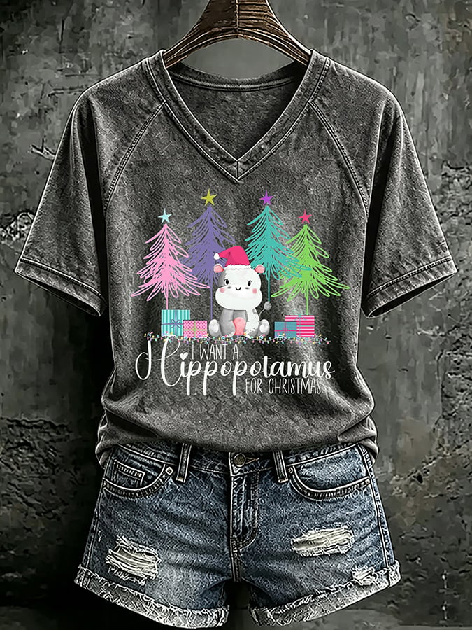 V Neck Retro I Want A Hippopotamus For Christmas Print T-Shirt