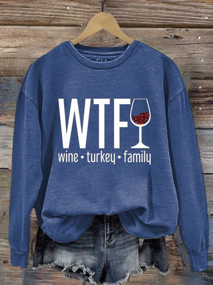 Women's WTF Wine Turkey Family Round Neck Casual Sweatshirt