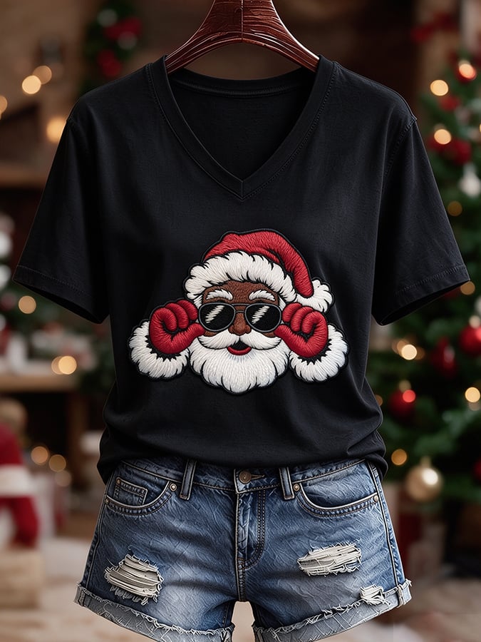 Black Women'S Christmas-Themed Printed Casual T-Shirt
