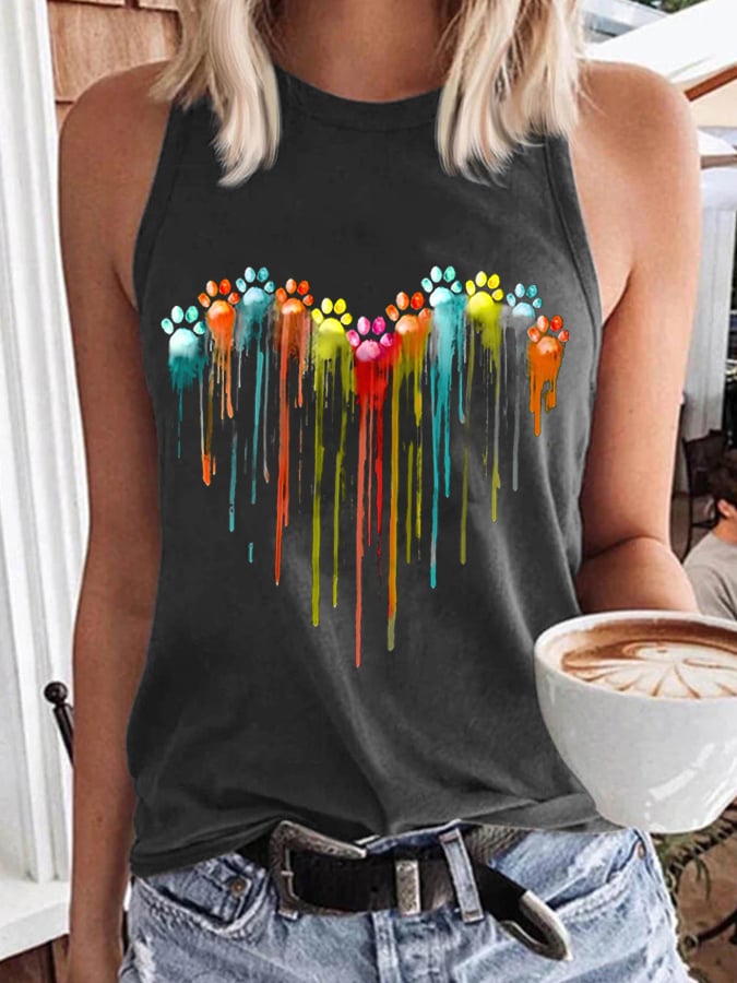Women's Color Dog Paw Heart Print Tank Top