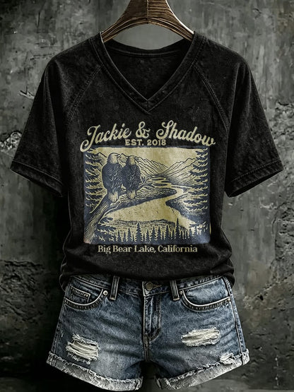 V Neck Retro Jackie & Shadow Est. 2018 Big Bear Lake, California Print T-Shirt