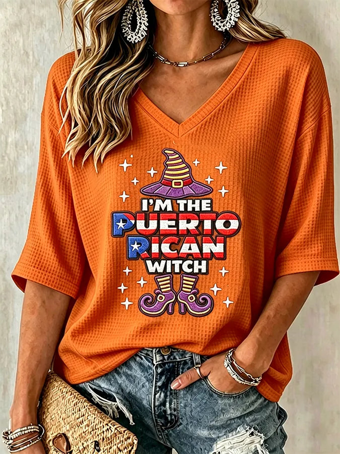 🎃Women's Halloween In Puerto Rico Print Waffle-Knit Top