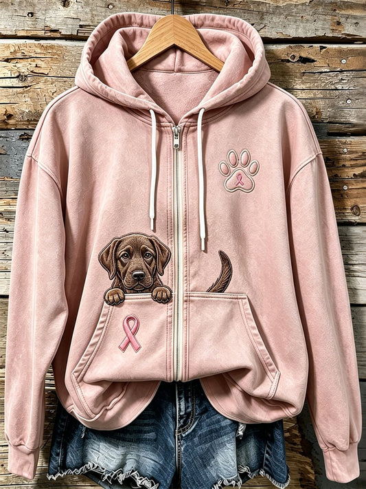 Women's Pink Ribbon Cute Dog Pumpkin Face Print Casual Sweatshirt