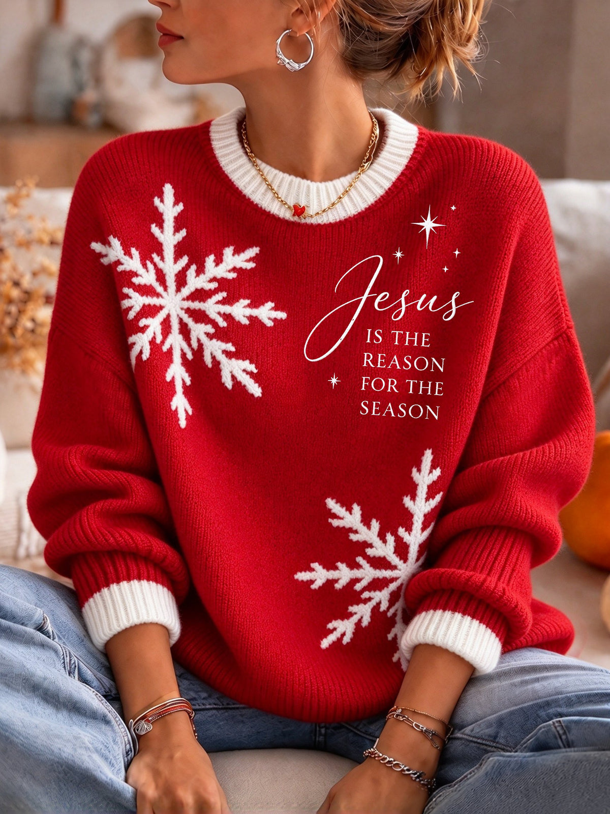 Women's Plush Knit Sweater – Festive Jesus-Themed Design