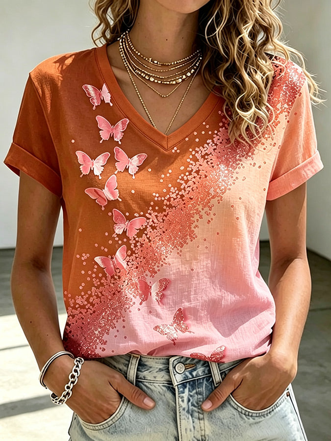 Pink Butterfly V-Neck T-Shirt