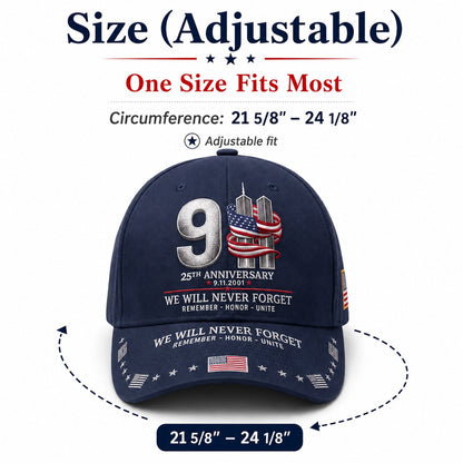 🔥LAST DAY 50% OFF - 9/11 25th Anniversary We Will Never Forget Memorial Baseball Cap – Unisex Patriotic Memorial Hat🧢 100% Cotton