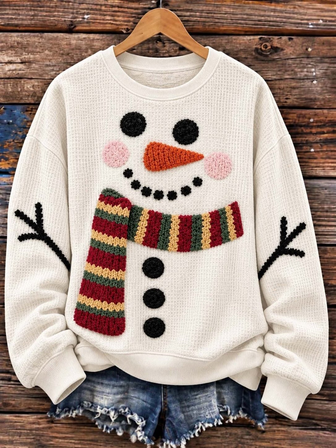 Cute 3D Snowman with Colorful Stripe Scarf Beige Waffle Sweatshirt