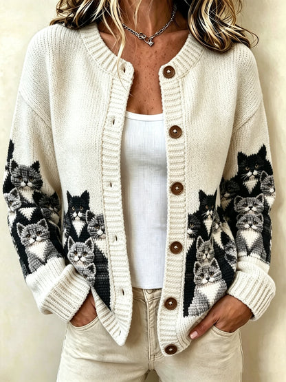 Women's Retro Cat Print Sweater Jacket