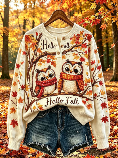 Women's Casual Print Button-Up Collar Knit Top