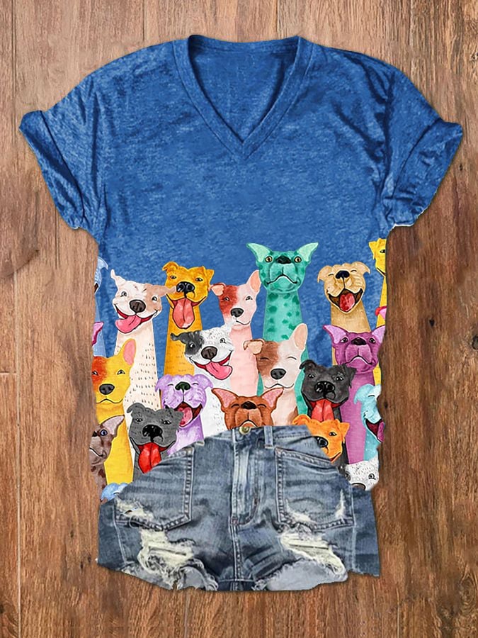 Women's Fun Colorful Dogs Print V-Neck T-Shirt