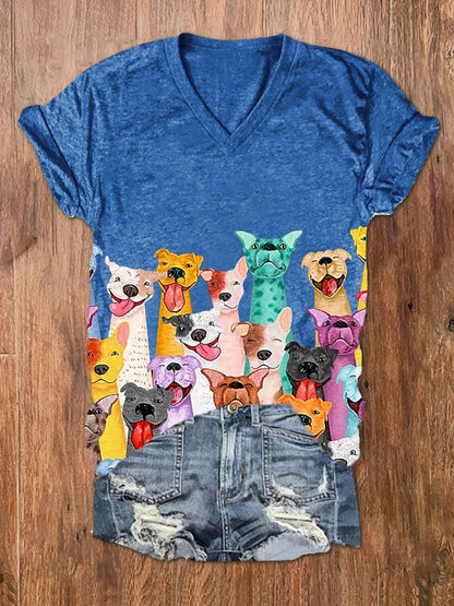 Women's Fun Colorful Dogs Print V-Neck T-Shirt