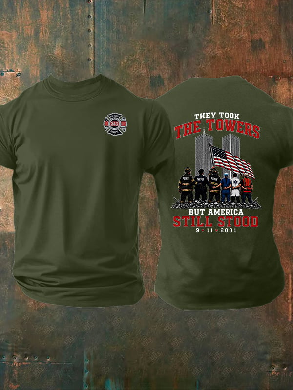 Men's BUT AMERICA STILL STOOD Print Crew-Neck T-Shirt