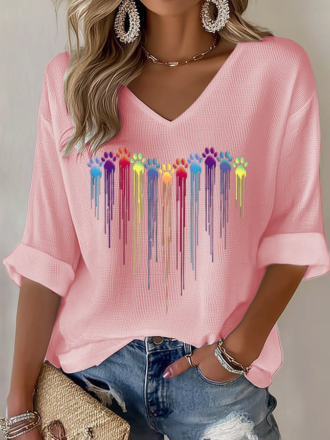Women's Colorful Dog Heart Paw Print Casual Waffle T-Shirt