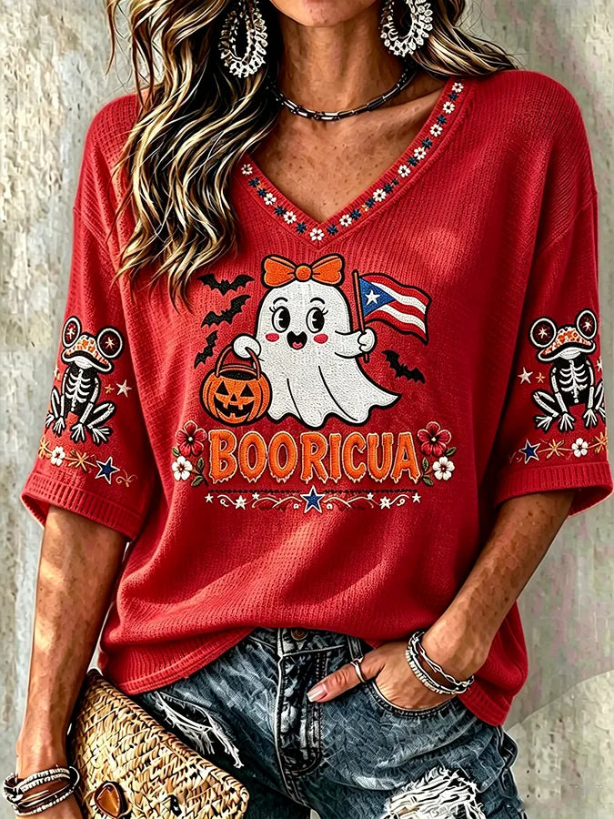 🎃Women's Halloween In Puerto Rico Print Waffle-Knit Top