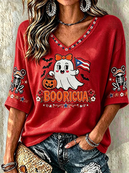 🎃Women's Halloween In Puerto Rico Print Waffle-Knit Top