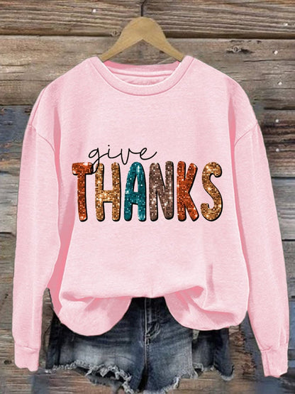 Women'S Casual Give Thanks Printed Long Sleeve Sweatshirt