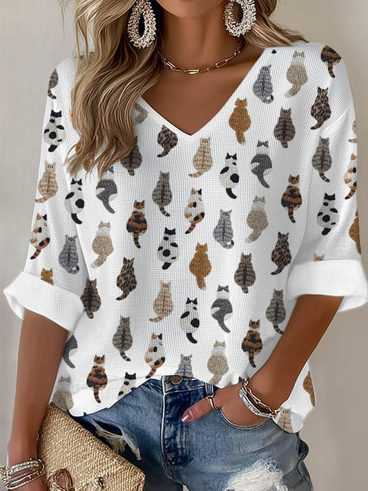 🐾Buy 3 Save 10%🐱Women's Cute Cat Print Waffle T-shirt💛100% For Shelter Pets🐱🐶