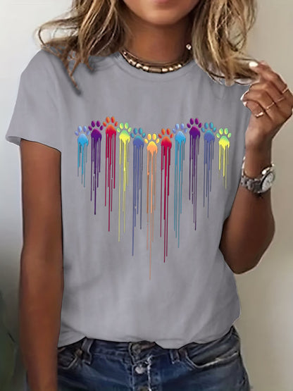 Women's Colorful Dog Heart Paw Print Casual T-shirt