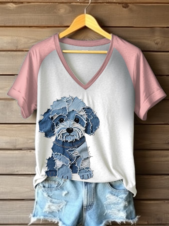 Women's Retro Funny Denim Patch Animal Dog Print Raglan Short Sleeve T-Shirt