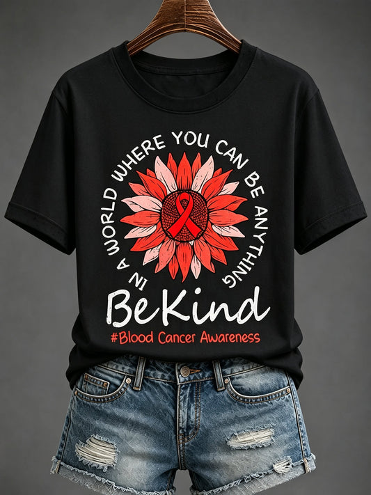 Women'S Blood Cancer Red Ribbon Health Awareness Round Neck T-Shirt