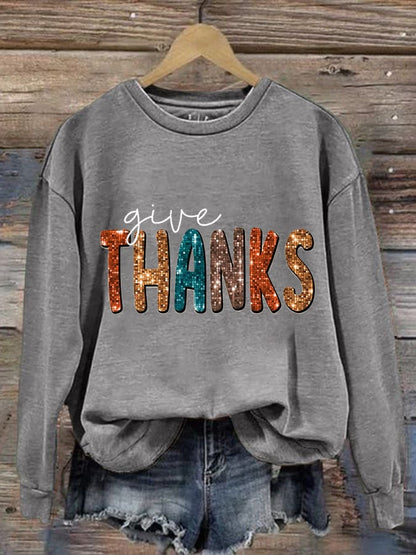 Women'S Casual Give Thanks Printed Long Sleeve Sweatshirt