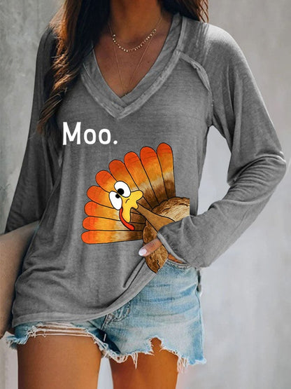 Women'S Thanksgiving Turkey Moo Printed T-Shirt