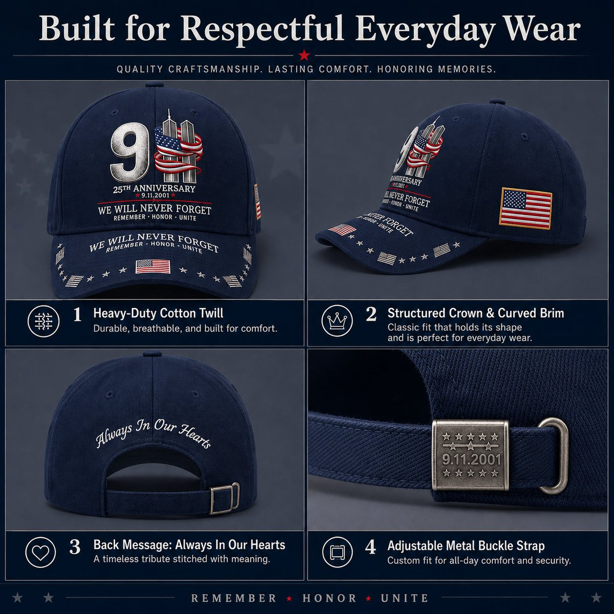 🔥LAST DAY 50% OFF - 9/11 25th Anniversary We Will Never Forget Memorial Baseball Cap – Unisex Patriotic Memorial Hat🧢 100% Cotton