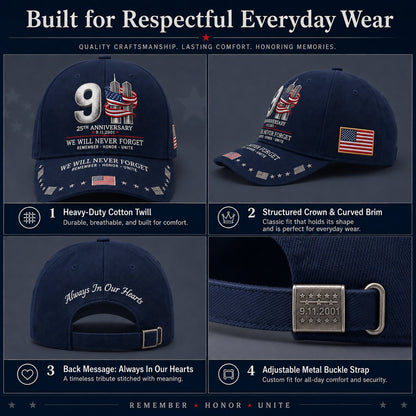 🔥LAST DAY 50% OFF - 9/11 25th Anniversary We Will Never Forget Memorial Baseball Cap – Unisex Patriotic Memorial Hat🧢 100% Cotton