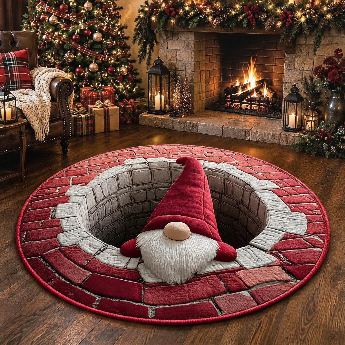 🎄3D Christmas Gnome Optical Illusion Round Rug | Fun Festive Home Decor Must‐Have⭐🏠🎁