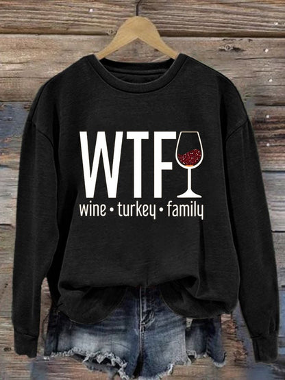 Women's WTF Wine Turkey Family Round Neck Casual Sweatshirt
