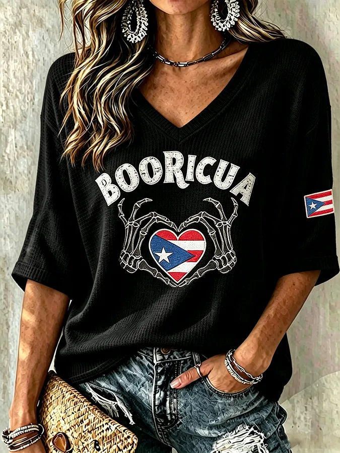 🎃Women's Halloween In Puerto Rico Print Waffle-Knit Top