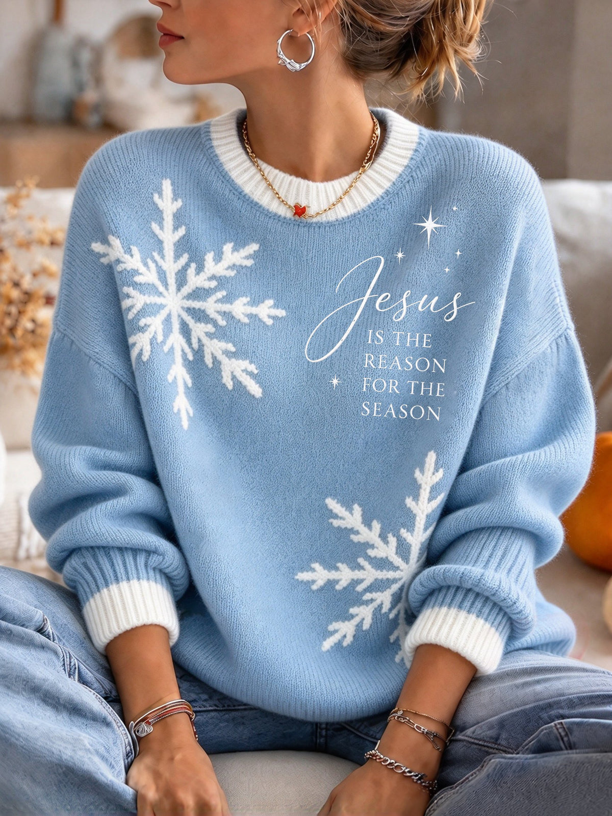 Women's Plush Knit Sweater – Festive Jesus-Themed Design