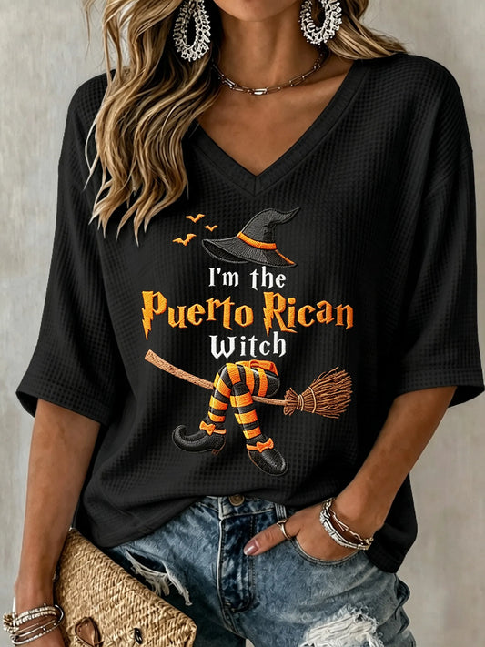 🎃Women's Halloween In Puerto Rico Print Waffle-Knit Top