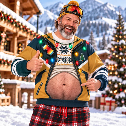 Funny Christmas Belly Sweatshirt – Holiday Lights & Jacket Print Ugly Christmas Pullover
