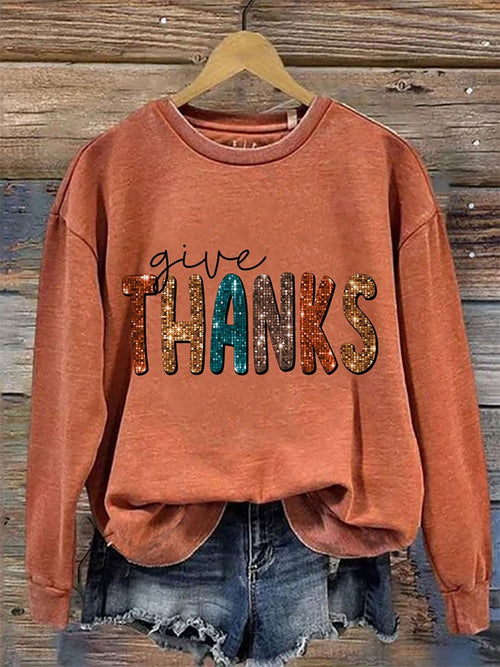 Women'S Casual Give Thanks Printed Long Sleeve Sweatshirt