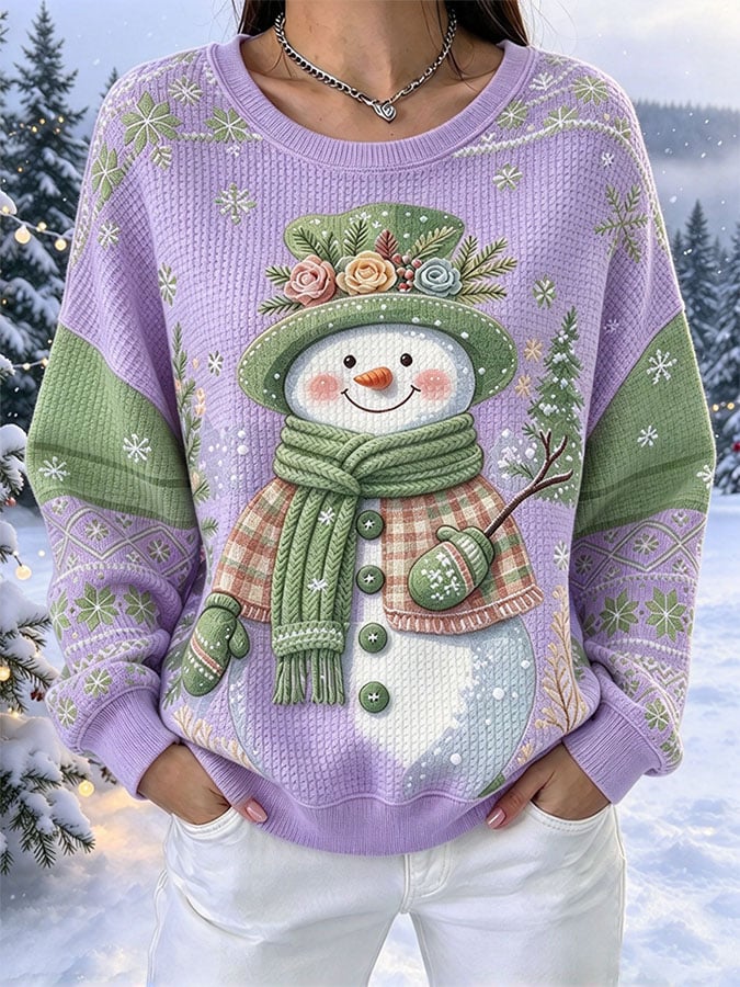 Women's Casual Printed Waffle Long-Sleeve Top